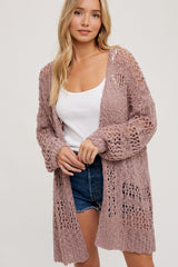 Mauve Open Knit Long Maternity Cardigan