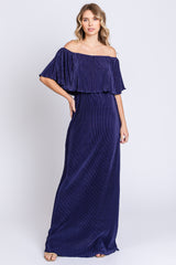 Navy Pleated Ruffle Off Shoulder Maternity Maxi Dress