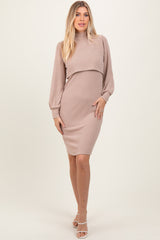 Taupe Rib Knit Mock Neck Maternity Nursing Dress