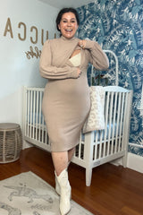 Taupe Rib Knit Mock Neck Maternity Nursing Dress