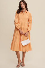 Peach Tiered Collared Maternity Midi Dress