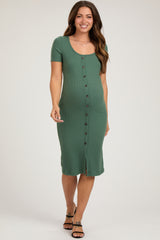 Light Olive Ribbed Front Button Accent Short Sleeve Maternity Midi Dress