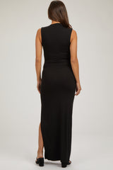 Black Asymmetrical Neck Side Slit Maternity Maxi Dress