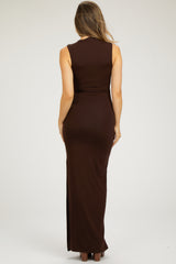 Brown Asymmetrical Neck Side Slit Maternity Maxi Dress