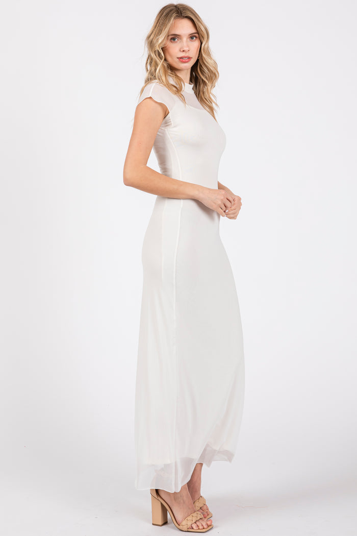 Ivory Mock Neck Sleeveless Mesh Midi Dress