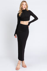 Black Mock Neck Long Sleeve Crop Maternity Midi Skirt Set