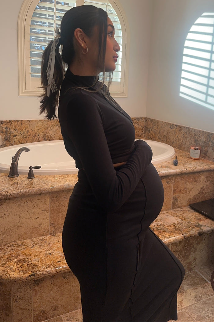 Black Mock Neck Long Sleeve Crop Maternity Midi Skirt Set