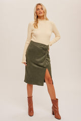 Olive Twist Detailed Suede Midi Skirt