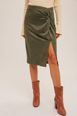 Olive Twist Detailed Suede Midi Skirt