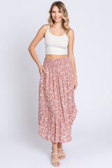 Mauve Floral Smocked Waist Midi Skirt