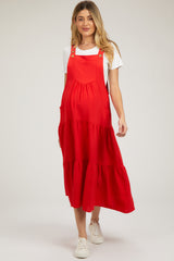 Red Button Sling Tiered Maternity Midi Dress