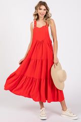 Red Button Sling Tiered Maternity Midi Dress