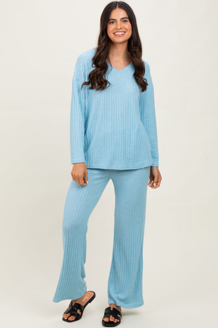 Light Blue Ribbed Soft Knit Long Sleeve Maternity Pajama Set
