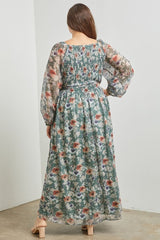 Light Olive Floral Long Sleeve Plus Maxi Dress