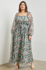 Light Olive Floral Long Sleeve Plus Maxi Dress