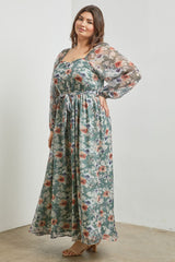 Light Olive Floral Long Sleeve Plus Maxi Dress