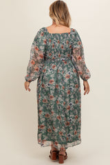 Light Olive Floral Long Sleeve Maternity Plus Maxi Dress