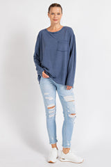 Navy Blue Mineral Wash Front Pocket Long Sleeve Top