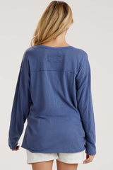 Navy Blue Mineral Wash Front Pocket Long Sleeve Maternity Top