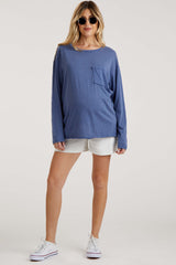 Navy Blue Mineral Wash Front Pocket Long Sleeve Maternity Top