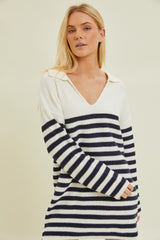 Ivory Striped Collared Long Sleeve Sweater Dress