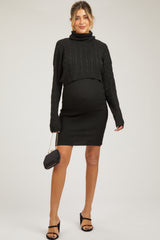 Black Cable Knit Crop Sweater Maternity Dress Set