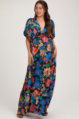 Black Floral Satin Deep V-Neck Puff Sleeve Maternity Maxi Dress