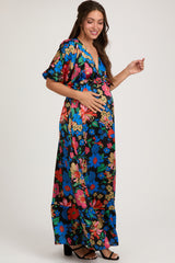 Black Floral Satin Deep V-Neck Puff Sleeve Maternity Maxi Dress