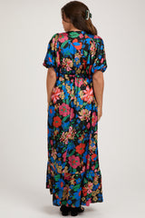 Black Floral Satin Deep V-Neck Puff Sleeve Maternity Maxi Dress