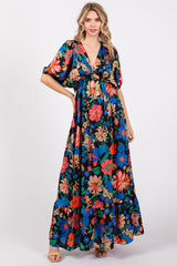 Black Floral Satin Deep V-Neck Puff Sleeve Maternity Maxi Dress