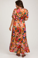 Orange Floral Satin Deep V-Neck Puff Sleeve Maternity Maxi Dress