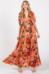 Orange Floral Satin Deep V-Neck Puff Sleeve Maxi Dress