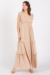 Beige Smocked Ruffle V-Neck Maternity Maxi Dress