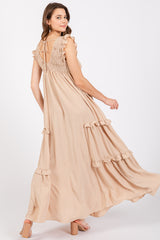 Beige Smocked Ruffle V-Neck Maxi Dress