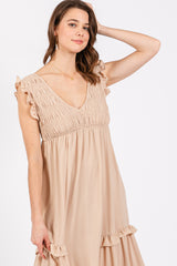 Beige Smocked Ruffle V-Neck Maxi Dress