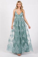 Mint Green Floral Lace Overlay Maxi Dress