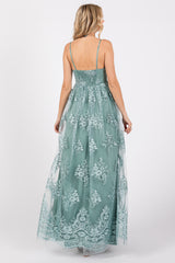 Mint Green Floral Lace Overlay Maxi Dress