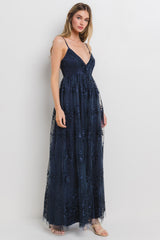 Navy Floral Lace Overlay Maxi Dress