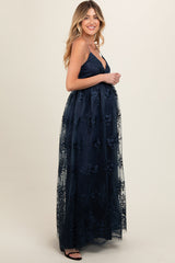 Navy Floral Lace Overlay Maternity Maxi Dress