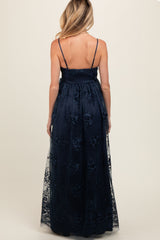 Navy Floral Lace Overlay Maternity Maxi Dress