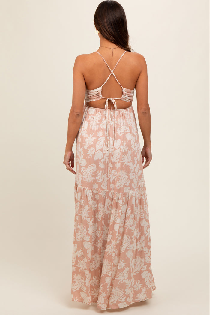 Light Pink Foral Front Cutout Open Cross Back Maternity Maxi Dress
