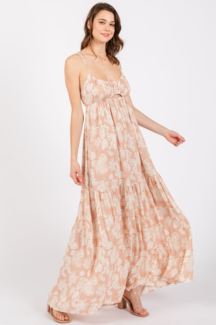 Light Pink Foral Front Cutout Open Cross Back Maternity Maxi Dress