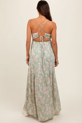 Light Olive Foral Front Cutout Open Cross Back Maternity Maxi Dress