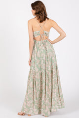 Light Olive Foral Front Cutout Open Cross Back Maxi Dress