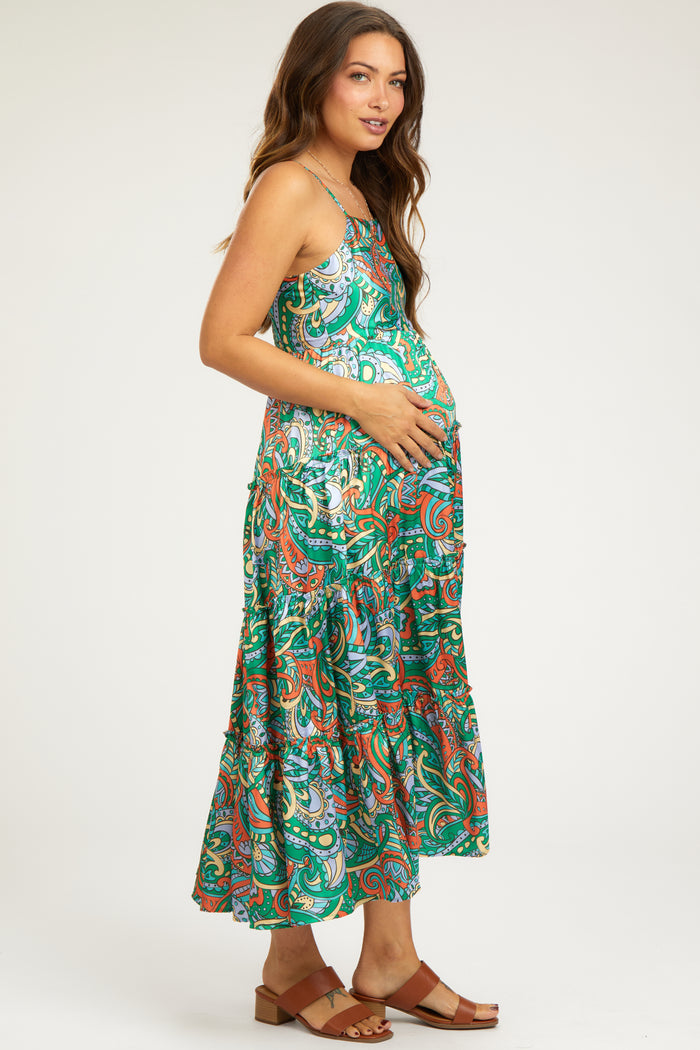 Green Satin Square Neck Ruffle Tiered Maternity Midi Dress
