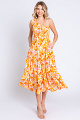 Orange Print Smocked One Shoulder Maternity Midi Dress