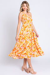 Orange Print Smocked One Shoulder Midi Dress