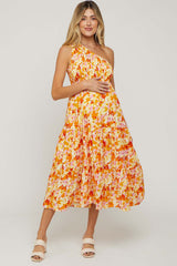 Orange Print Smocked One Shoulder Maternity Midi Dress