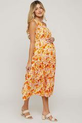 Orange Print Smocked One Shoulder Maternity Midi Dress