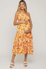 Orange Print Smocked One Shoulder Maternity Midi Dress